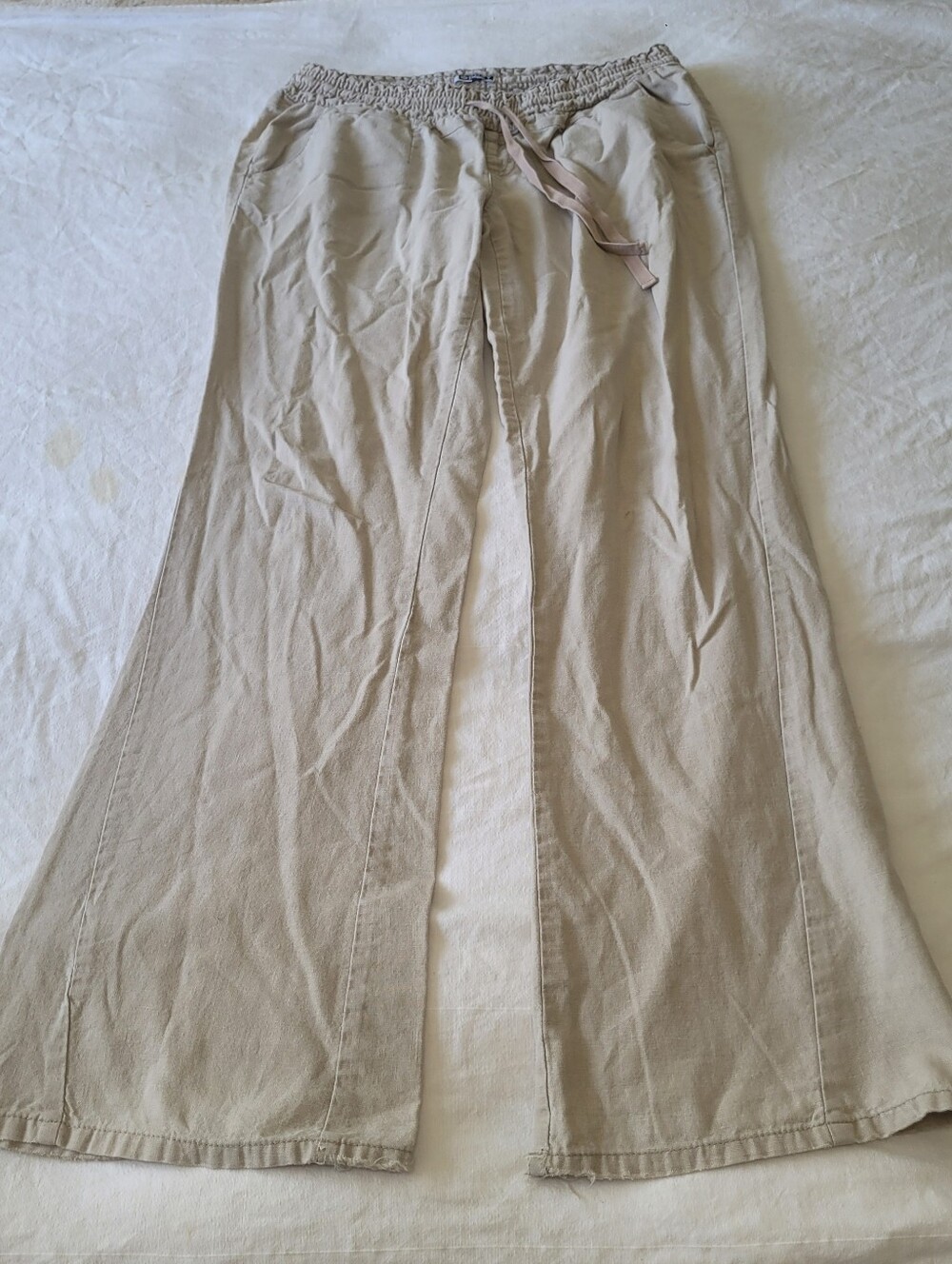 Roxy Linen Blend Pants Size Large Ivory Pull On Drawstring Beach Costal BOHO